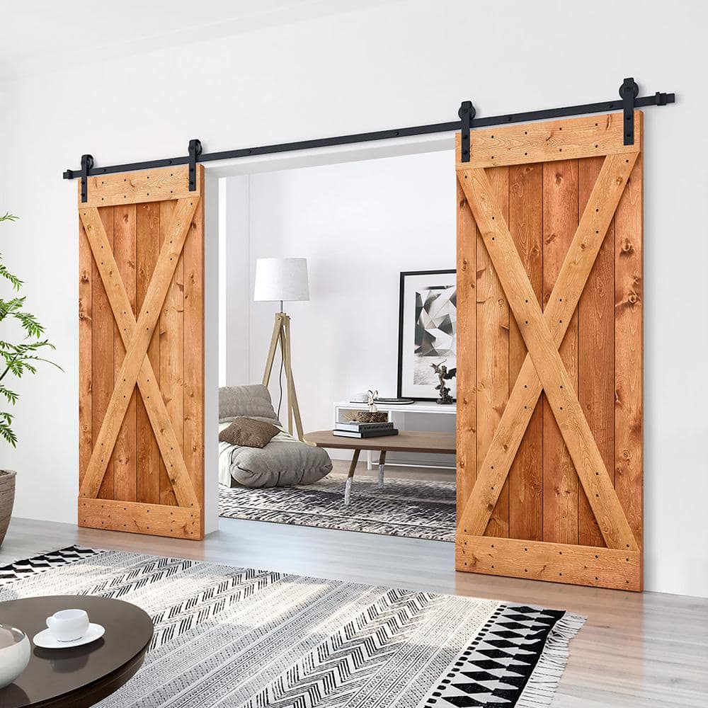 76 in x 84 in Red Walnut Knotty Pine Double Sliding Barn Door