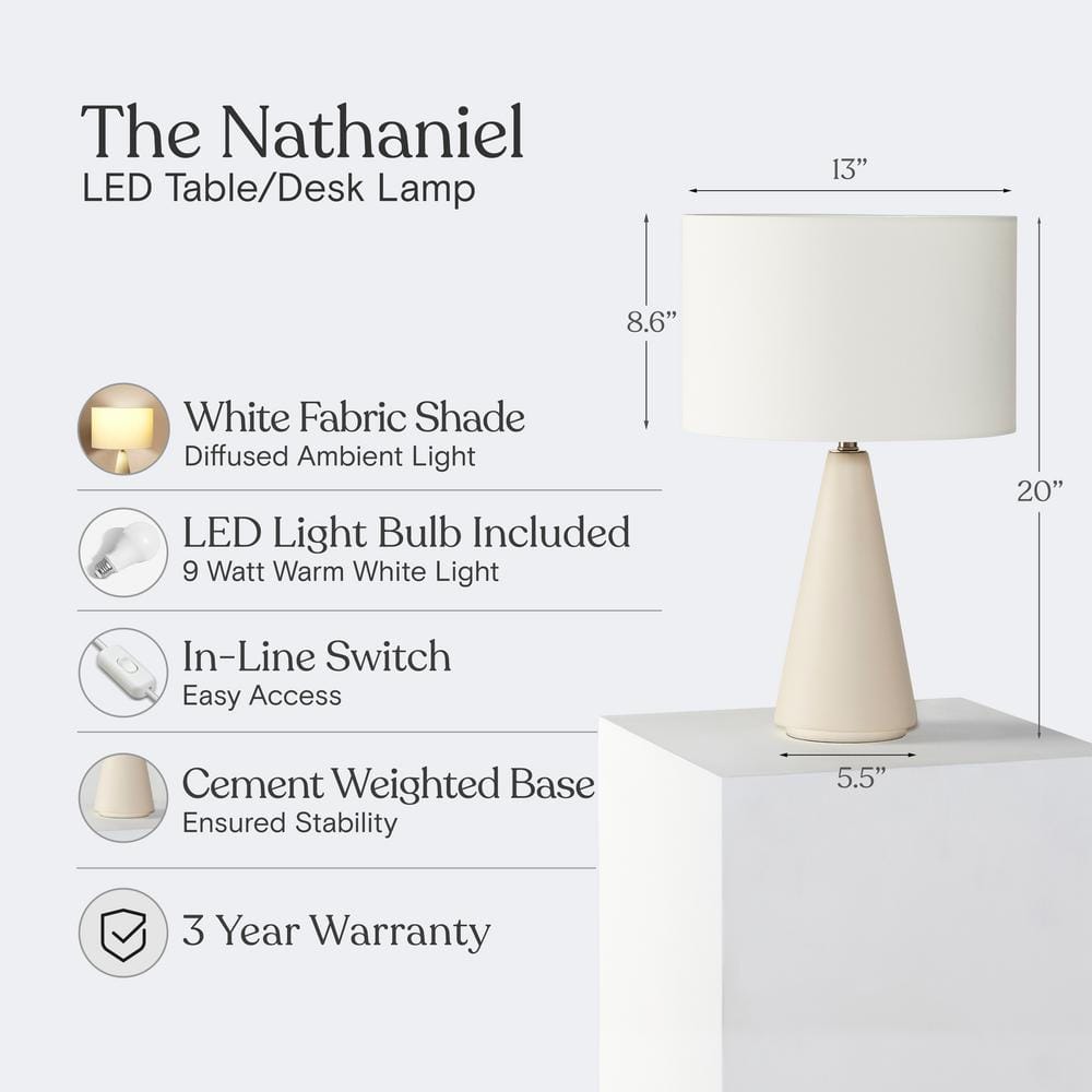 Nathaniel 20" White Cement LED Table Lamp with Cotton Drum Shade
