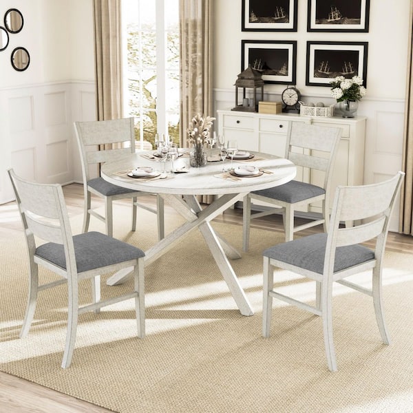 5-Piece Round Dining Table Set for 4, Modern Gray Wood Kitchen Table and Upholstered Chairs with X-Base Pedestal