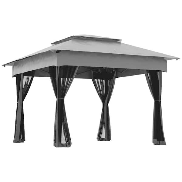 Sudzendf 11 ft. x 11 ft. Outdoor Gray 2-Tier Soft Top Pop Up Canopy with Removable Zipper Netting