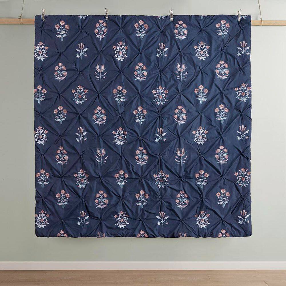 Navy Floral Pintuck Cotton Full/Queen Bedspread Set