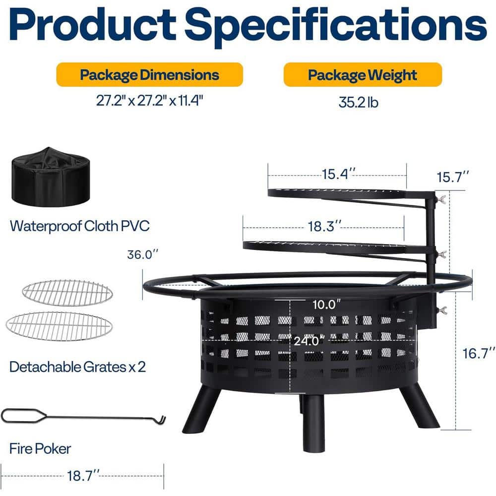 36-Inch Black Metal Round Fire Pit with Dual Grills