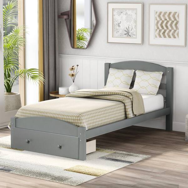 Anbazar Twin Size Gray Platform Bed, Kid Bed Frame With Storage