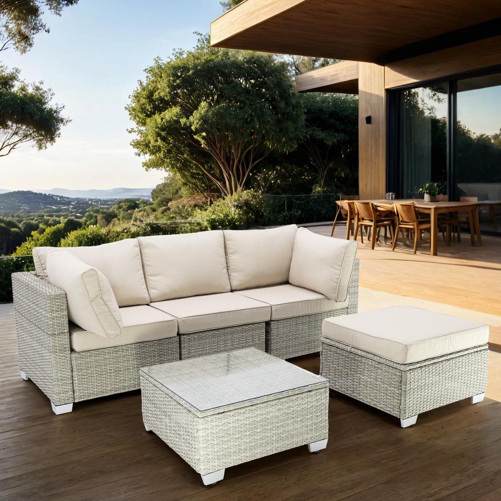 Grey 5-Piece Wicker Outdoor Sectional Set, Patio Rattan Sofa and Table Set 