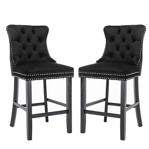 mieres Velvet Upholstered Barstools Leisure Style Bar Chairs with Wood Legs, Nailhead Trim and Button Tufted Back (Set of 2）