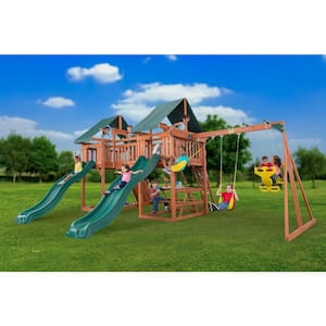 Sequoia Wood Complete Swing Set with Rock Wall, Double Slides and Towers, and Playset Accessories