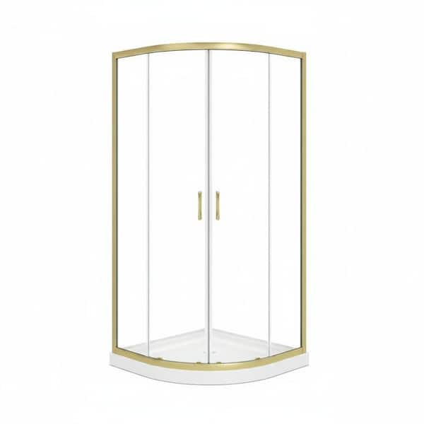 Breeze 36in L x 36in W x 76in H Quadrant Shower Kit with Sliding Framed Door & Shower Base with Corner Drain in Gold