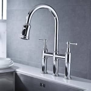 Double Handles Bridge Kitchen Faucet with Pull-Down Spray Head in Spot in Polished Chrome