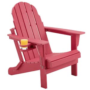 Pink HDPE Folding Plastic Adirondack Chair, Weather Resistant HDPE Patio Furniture Sets with Cup Holder