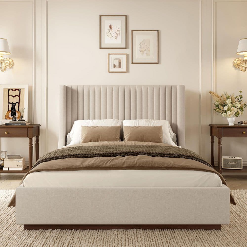 Buzio Dark Beige Solid Wood Frame Queen Size Upholstered Platform Bed with Wood Base price history on PriceWatchPro