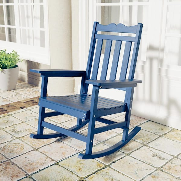 Navy Blue Plastic Adirondack Rocking Chair with Big Armrest Weather Resistant, Fire Pit Outdoor Rocking Chair