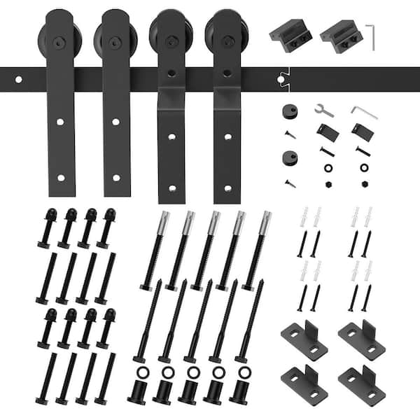 Movisa 8 ft. I-Shaped Bypass Sliding Barn Door Kit for Double Door, Black Steel