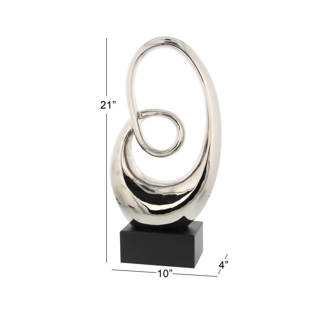 21" Silver Ceramic Swirl Abstract Sculpture with Black Base