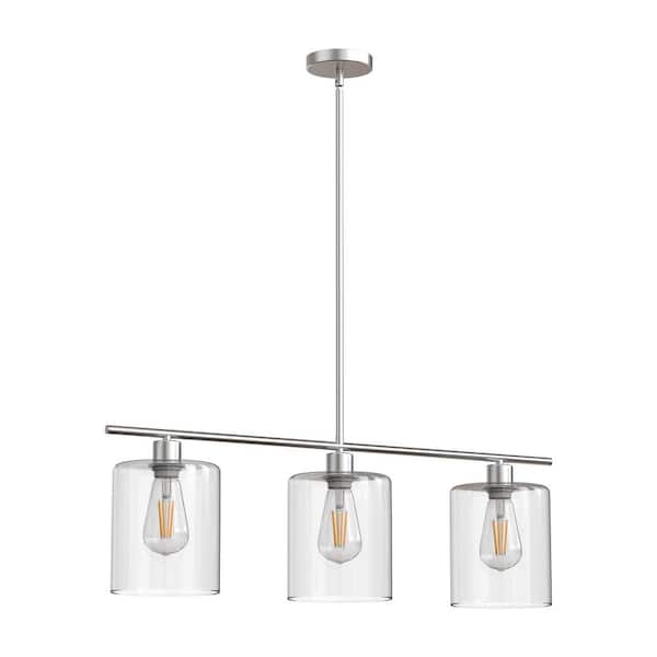 31.5 in 3 Light Brushed Nickel Island Pendant Light with Clear Glass Shades and Adjustable Rods, No Bulbs Included