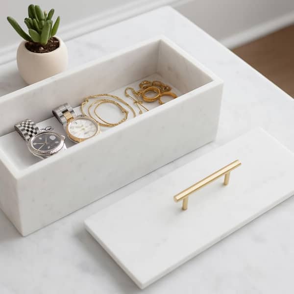 White/Gold 16 in. x 7.75 in. Marble Rectangular Box With Handle