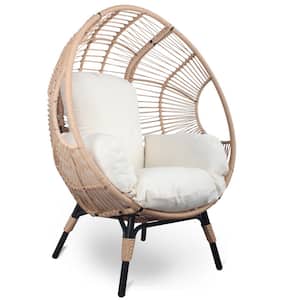 Natural Wicker Outdoor Chaise Lounge, Egg Chair with White Cushions
