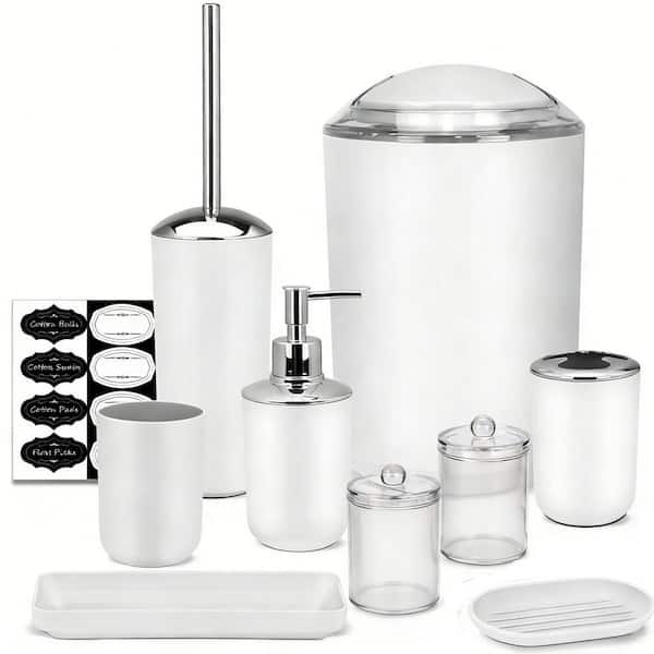 9-Piece Bathroom Set with Soap Dispenser & Dish, Toothbrush Holder & Cup, Trash Can, Toilet Brush, Tray, Jars in White