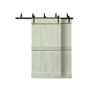 76 in. x 84 in. Mid-Bar Bypass Sage Green Stained Solid Pine Wood Interior Double Sliding Barn Door with Hardware Kit