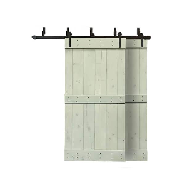 CALHOME 84 in. x 84 in. Mid-Bar Bypass Sage Green Stained Solid Pine Wood Interior Double Sliding Barn Door with Hardware Kit