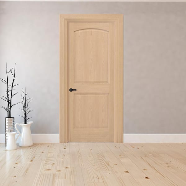36 in. x 80 in. 2-Panel Round Top Right-Hand Unfinished Red Oak Wood Single Prehung Interior Door w/ Bronze Hinges