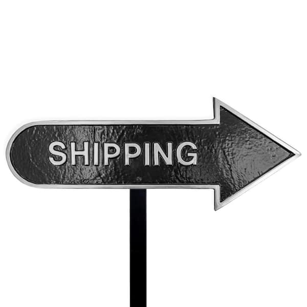 Montague Metal Products 6 in. x 15.5 in. Right Arrow Shipping Statement Plaque Sign with Lawn Stake-Black/Silver