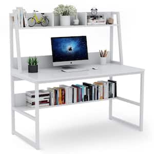 Sally 55 in. Rectangular White Metal and Particle Wood Board Top Computer Desk with Monitor Stand and Hutch Bookshelf