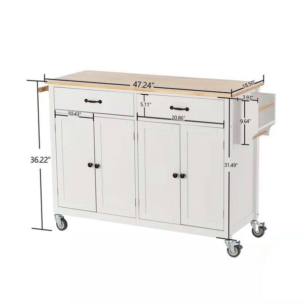 Kitchen Island 2-Door Storage Cabinet with Drawers and Stainless Steel Top, White