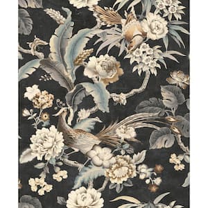 Passerine Pavilion Charcoal Floral Vinyl Peel and Stick Wallpaper Roll (Covers 30.75 sq. ft.)