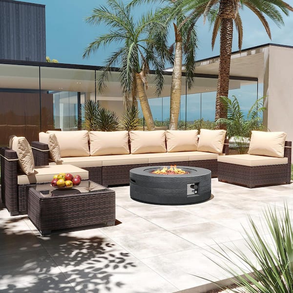 PATIO WATCHER 8-Piece Wicker Patio Conversation Set with Cushions and 42 in. Outdoor Round Fire Pit Table, Beign Cushions
