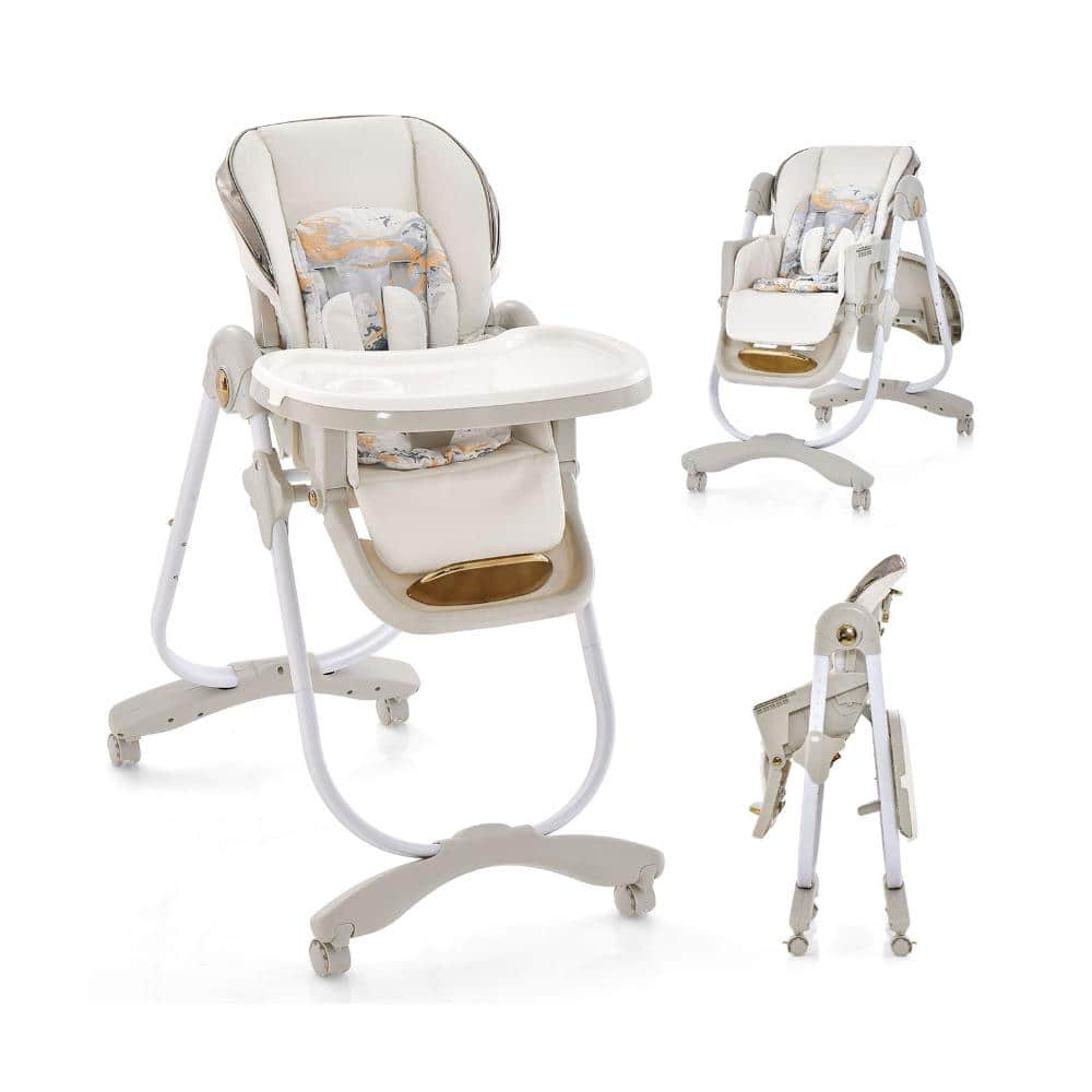 Folding Baby High Chair with 6 Adjustable Seat Heights 3-Level Recline Removable Tray ASTM 5-Point Harness
