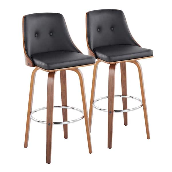 Lumisource Gianna 29.5 in. Black Faux Leather, Walnut Wood and Chrome Metal Fixed Height Bar Stool with Round Footrest (Set of 2)