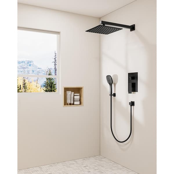 YAWWALK Double Handle 3-Spray 10 in. Wall Mount Shower Faucet with High Pressure in Matte Black (Valve Included)