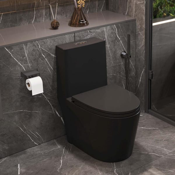 12 in. 1-piece 1.1/1.6 GPF Water-Efficient Dual Flush Elongated Toilet in Black Soft Closing Seat Included