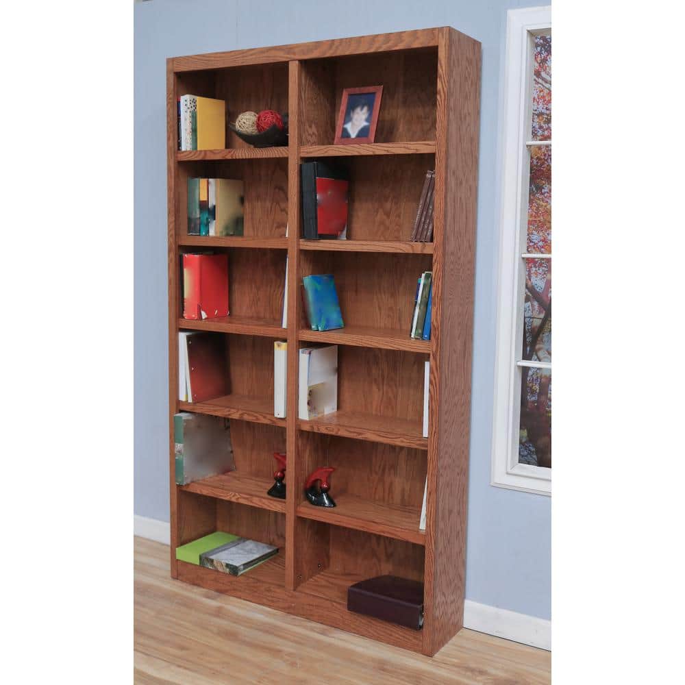 Elegant Dry Oak Adjustable Double Wide Bookcase with 12 Shelves