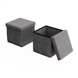 Gray Foldable Storage Cube Ottoman with Pockets (Set of 2)