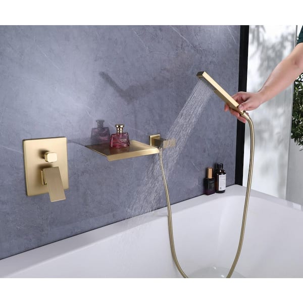 8 in. Single-Handle Freestanding Tub Faucet Solid Brass Waterfall Wall Mounted Tub Spout with Handshower in Brushed Gold