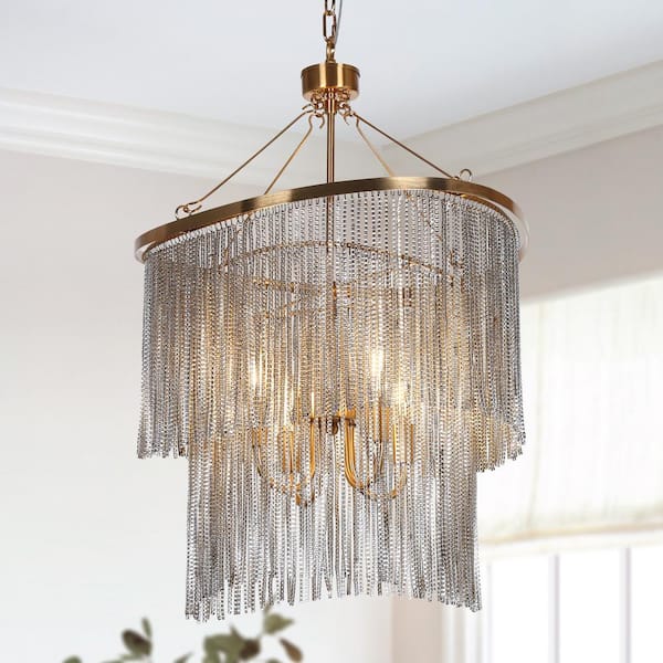 LNC Shoebill 4-Light Plating Brass 2-Tiered Chain Tassel Chandelier Modern Art Decor Silver Fringe Hanging Ceiling Light