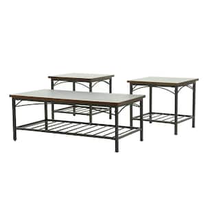 48 in. Brown 2-Tier Storage Shelf Rectangle Wooden Coffee Table Sets with 2-End Table