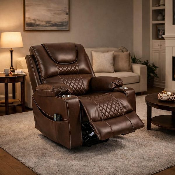 Brown Leather Lift Recliner Chair with Dual OKIN Motors and Massage & Heating Functions,Cup holders