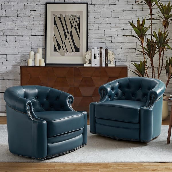 JAYDEN CREATION Amalia Turquoise 31.5 in. W Genuine Leather Swivel Chair with Tufted Back and Nailhead Trim Arm and Base Set of 2