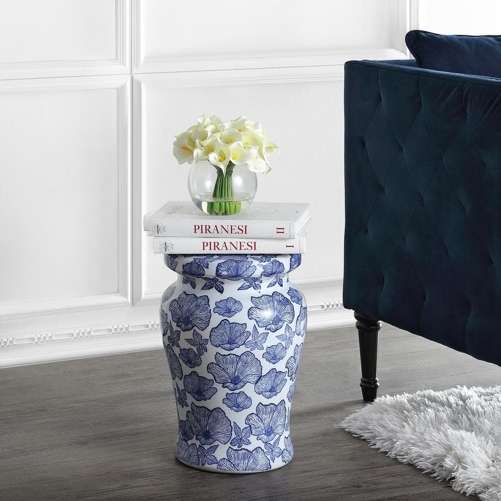 White and Blue Ceramic Floral Garden Stool