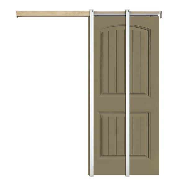 CALHOME 36 in. x 80 in. Olive Green Painted Composite MDF 2Panel Camber Top Sliding Door with Pocket Door Frame and Hardware Kit
