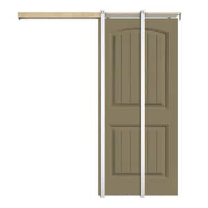 30 in. x 80 in. Olive Green Painted Composite MDF 2Panel Camber Top Sliding Door with Pocket Door Frame and Hardware Kit