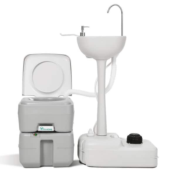 Portable 19.7 in. L White Outdoor Sink Hand Wash with 3.73 Gal. Water Tank Basin and Toilet