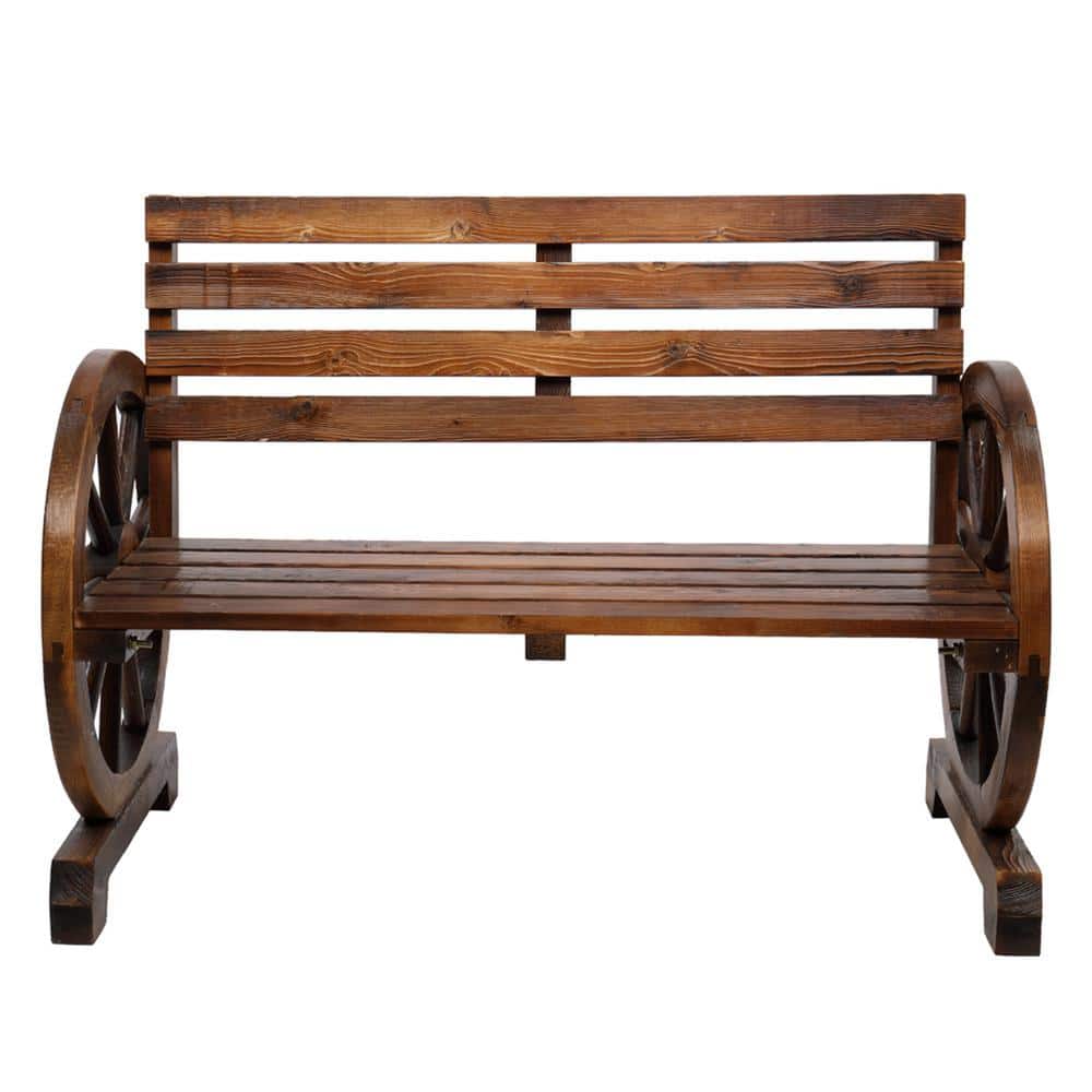 41 in. 2-Person Wood Outdoor Bench with Wagon Wheel