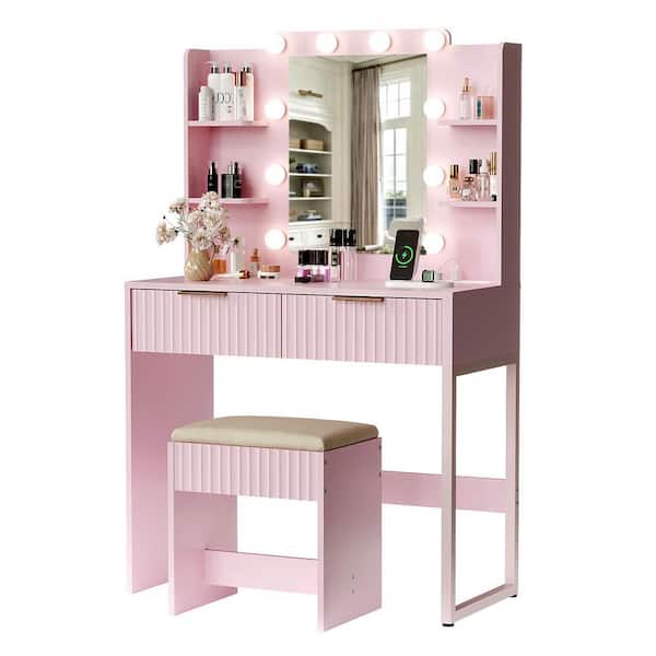 2-piece Apple Pink Makeup Vanity Set with 10 Three-color Dimmable Bulbs, 2 Drawers and 4-tier Shelves