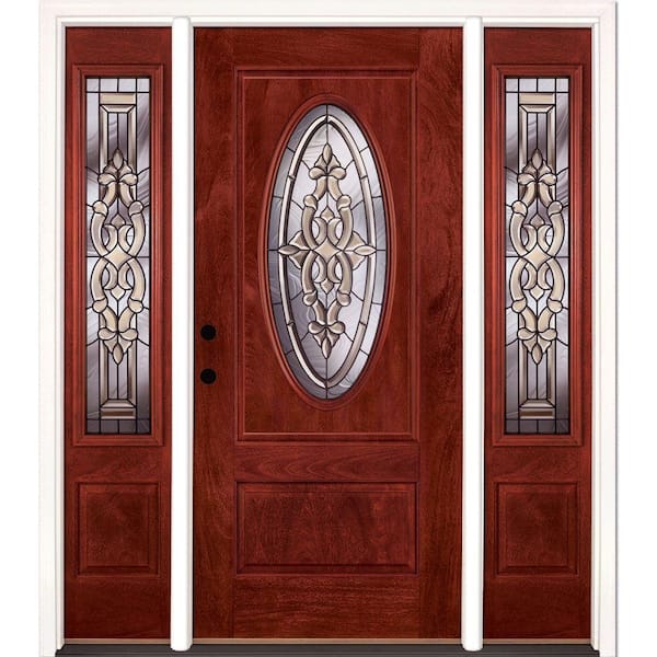 Feather River Doors 67.5 in.x81.625in.Silverdale Patina 3/4 Oval Lt Stained Cherry Mahogany Rt-Hd Fiberglass Prehung Front Door w/Sidelites