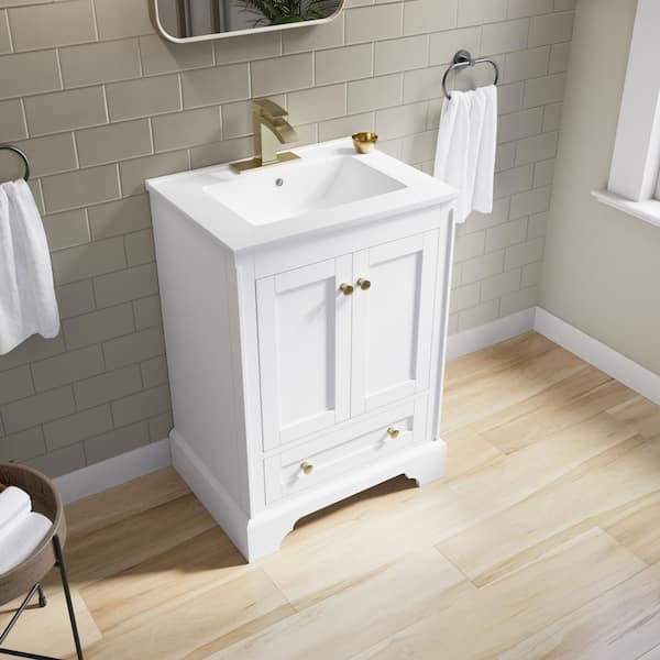 Modern 24 in. Solid Wood Single Sink Freestanding White Bath Vanity with White Ceramic Top