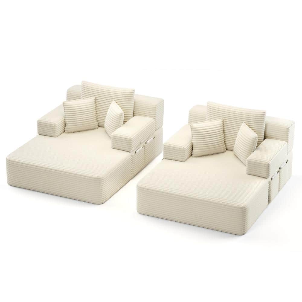 48.5 in. Beige/White Plush Corduroy Oversized Double Chaise Lounge 2-Piece Set Convertible Sofa Bed with 6 Pillows price history on PriceWatchPro