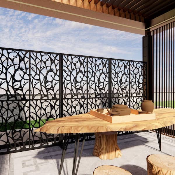 72 in. Black Iron Privacy Screen, Freestanding Bird Design for Patio Balcony Garden Room Divider Indoor Outdoor